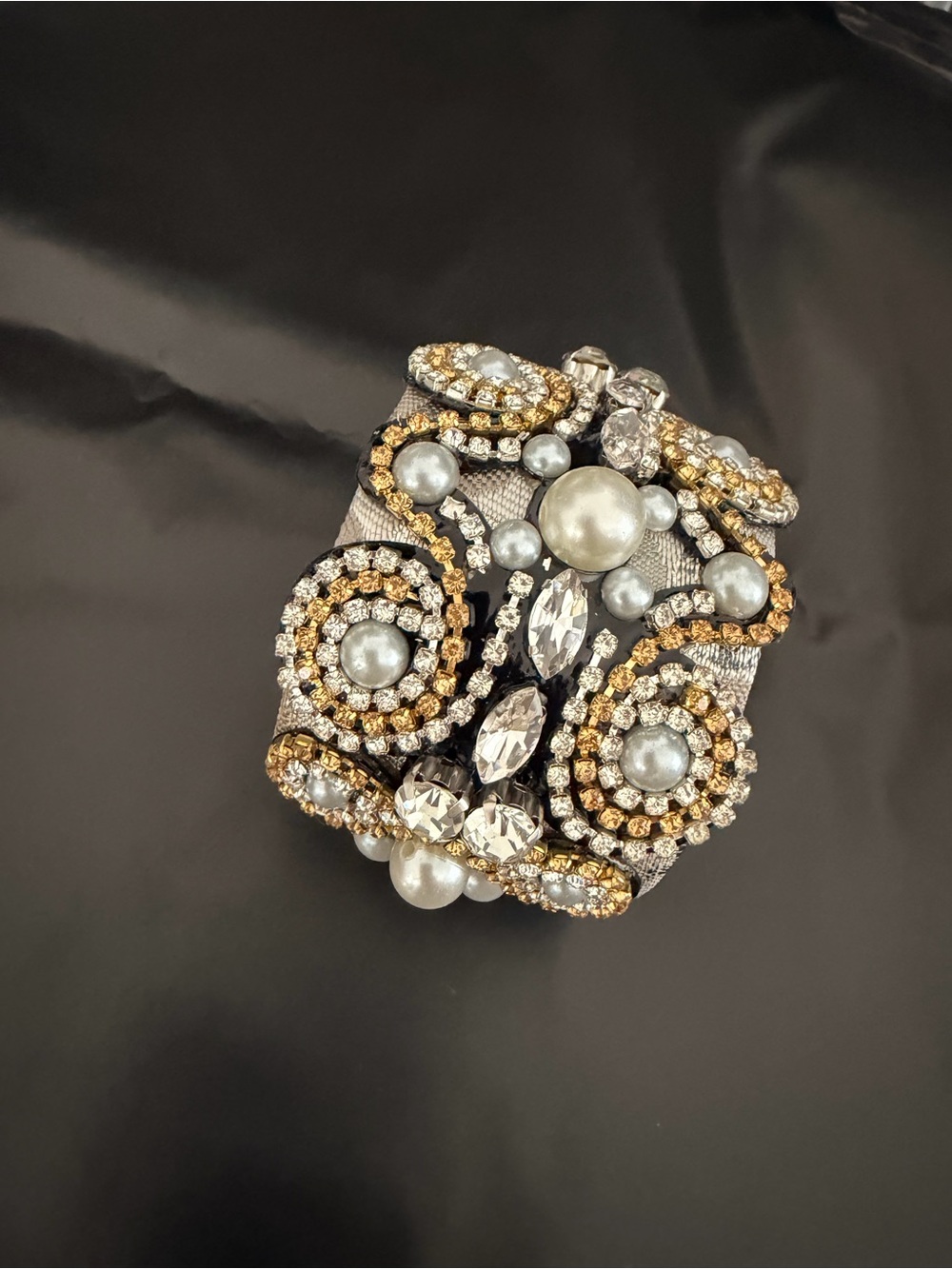 Pearl & Crystal Statement Cuff Bracelet in Silver and Gold